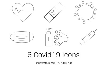 Vector set of six Covid-19 Icons including face mask, hand sanitizer, vaccine needle, Band-Aid and germ. Sickness. Global Pandemic. Protect yourself and others. 