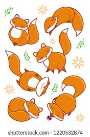Vector set of six cute foxes characters. Isolated on white. Hand drawn funny cartoon illustration. Posters, stickers, card, postcard.