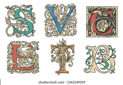 Vector set of six decorative hand drawn initial letters. English letters in vintage style. Fancy letters with curls