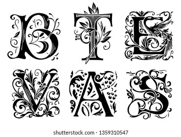 Vector set of six decorative hand drawn initial letters. English letters in vintage style. Fancy letters with curls. Black and white illustration.