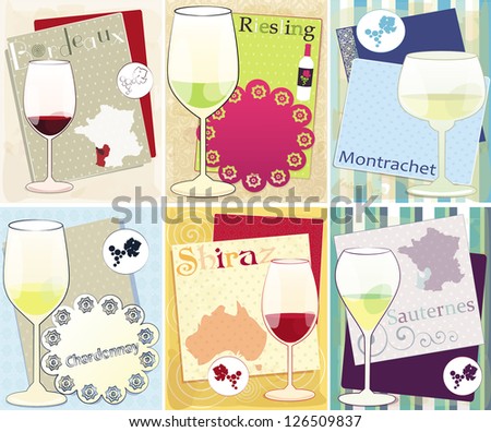 Vector set with six  decorative illustrations with glasses for  wine  and grapes region map