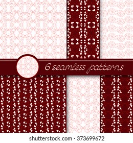 Vector set of six decorative ornamental seamless patterns . Collection of patterns in red and white colors.