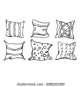 Vector set of six decorative pillows in doodle style on a white background isolated. Bedding collection