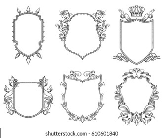 Vector set of six different heraldic shields with various decorative elements on a white background. Coat of arms, heraldry, emblem, symbol. Made in monochrome style. Line art. Vector illustration.