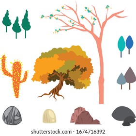 Vector set: Six diverse trees and four unique stones isolated in flat style. Perfect for adding colorful natural elements to your design projects.