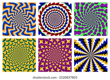 Vector set of six dynamic circular patterns. Eye-catching backgrounds with optical illusion as if they are moving.