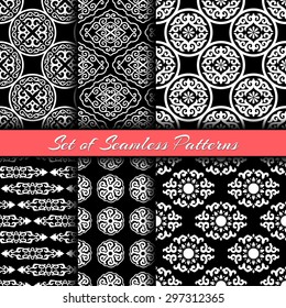 Vector set of six endless backgrounds with asian ornaments. Contrast  pattern fills for design in oriental style. White elements on black.