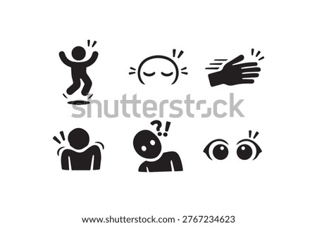 A vector set of six expressive human icons depicting emotions like joy pain confusion alertness tiredness and quick action perfect for UI UX design.