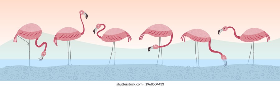 Vector con seis flamencos. Los flamencos se paran en el agua con el paisaje como telón de fondo. Ilustración dibujada a mano.