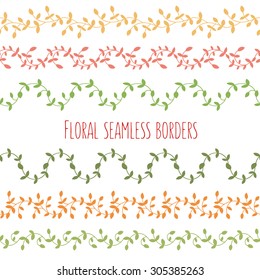 Vector set of six floral seamless borders with branches and leaves. Good for invitations, printed stuff, stationery.