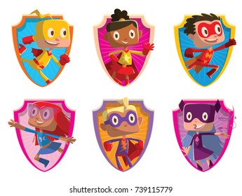 Vector set of six frames in the form of shields with cartoon images of funny little boys and girls in various colors superhero costumes with different actions and emotions on a white background. 
