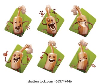 Vector set of six green diamond-shaped frames with cartoon images of funny brown bottles of beer with different actions and emotions on a white background. Alcohol, party, drink. Vector illustration.