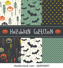 Vector set of six halloween seamless patterns. Cartoon bats, pumpkins, trees. 