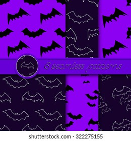 Vector set of six Halloween seamless patterns with bats, in lilac and black colors.