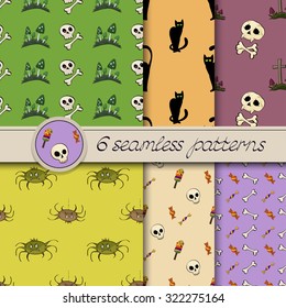 Vector set of six Halloween seamless patterns. Colored.