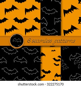 Vector set of six Halloween seamless patterns with bats, in black and orange colors.
