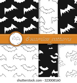 Vector set of six Halloween seamless patterns with bats, in black and white colors.