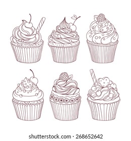 Vector set of six hand drawn outlined cupcakes. Monochrome. Use for wedding, birthday invitations, web page background, surface textures, menu, and other.