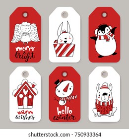 Vector set of six holiday Christmas tags with cartoon characters angel, rabbit, penguin, dog, snowman and dog and holiday calligraphy. 