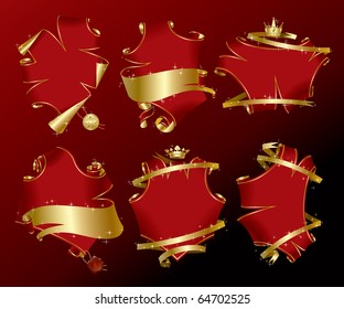 Vector set of six holiday red parchment-shaped banners with gold ribbons in sparkles