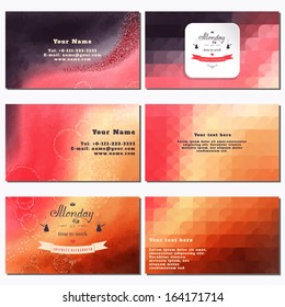 Vector set of six horizontal business cards. Multicolored watercolor and shapes. Beautiful inscription in retro style -Monday it's time to work. Place for your text. Complied with the standard sizes