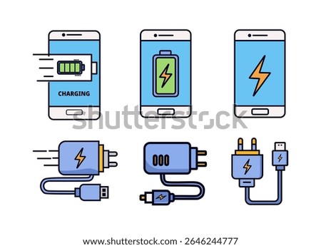 A vector set of six icons illustrating smartphone charging statuses and various power adapters, featuring lightning bolt symbols and battery indicators.
