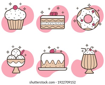 Vector set of six icons of sweet food in flat style. Cake, doughnut, milkshake, ice cream, cupcake.