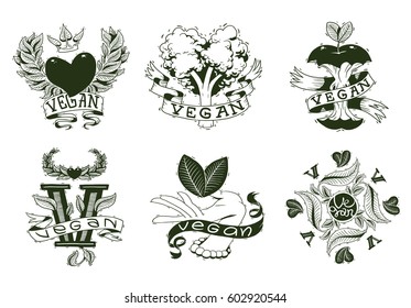 Vector set of six images of different vegan emblems with leaves, vegetables and hearts, with banners "Vegan" on a white background. Made in monochrome style. Vegetarianism, veganism. Tattoo. 