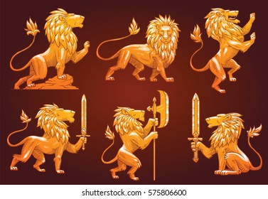 Vector set of six images of golden heraldic lions with big manes in different poses on a dark background. Coat of arms, heraldry, emblem, symbol. Vector illustration.