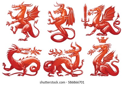 Vector set of six images of heraldic red dragons in different poses on a white background. Coat of arms, heraldry, emblem, symbol. Color image. Vector illustration.