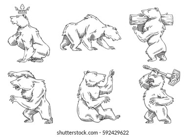 Vector set of six images of heraldic bears in different poses with different weapons on a white background. Coat of arms, heraldry, emblem, symbol. Made in monochrome style. Vector illustration.