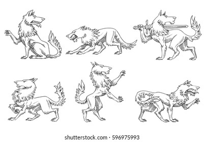 Vector set of six images of heraldic wolves in different poses on a white background. Coat of arms, heraldry, emblem, symbol. Made in monochrome style. Vector illustration. Line art.