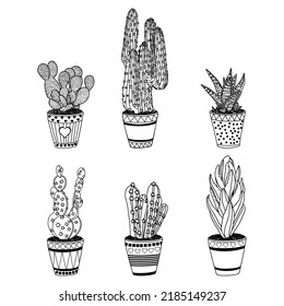 Conjunto vectorial de seis imágenes de flores de hogar en macetas de color negro sobre fondo blanco