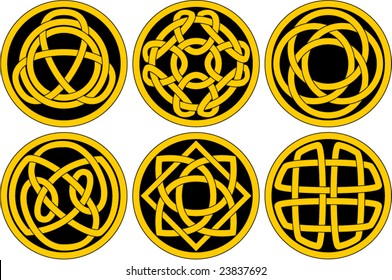 Vector set of six individual celtic knot work buttons in gold and black