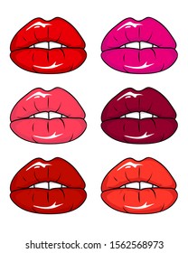 vector set of six lips in colorful lipsticks without background