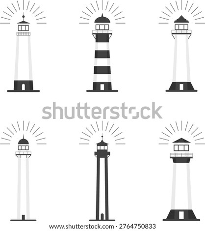 Vector set of six minimalist lighthouse icons in black and white for marine navigation design