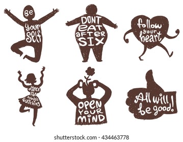 Vector set of six motivational cards with cartoon images of black silhouettes of human hand, heart, man, woman with variety of motivational inscriptions on a white background. Vector illustration.