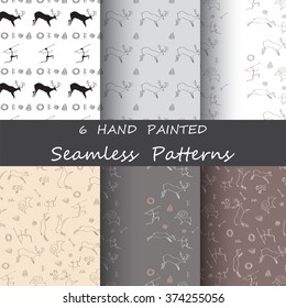 Vector set of six petroglyph patterns. Hand drawn cave drawing
