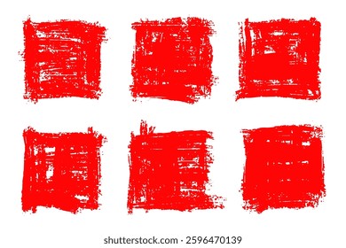 Vector set of six red grunge brush stroke squares on a white background. Perfect for abstract design, artistic textures, banners, stamps, frames, and creative graphic projects.