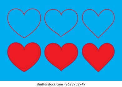 Vector set of six red heart icons in outline and filled styles. Arranged in two rows on a blue background. Perfect for love, care, support, and social media themes.