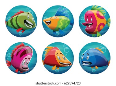 Vector set of six round blue frames with cartoon images of cute fishes of different bright colors and sizes smiling on a white background. Underwater life, ocean, aquarium. Positive character. 