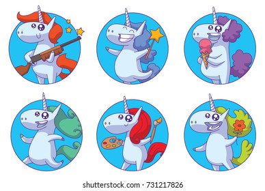 Vector set of six round blue frames with cartoon images of cute white happy unicorns with various colors manes and tails with different actions on a white background. Animals, legend, fairy tale. 