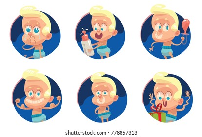 Vector set of six round blue frames with cartoon images of funny babies boys with blond hair in blue diapers with different actions and emotions on a white background. Children, childhood, birth.
