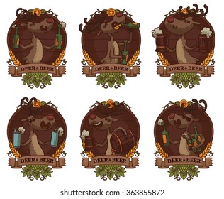 Vector set of six round brown wooden emblems with banners and  with cartoon image of funny brown deers with horns and with beer in bottles, mugs, cans, barrel on a light background Vector illustration