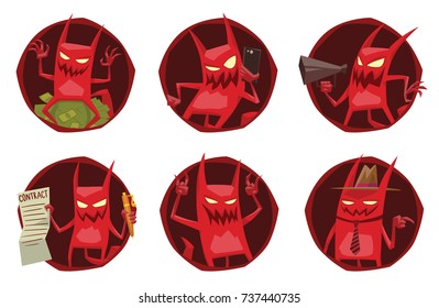 Vector set of six round dark red frames with cartoon images of funny red devils with horns and tails with different actions and emotions on a white background. Demon, positive character, business.