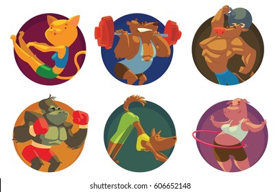 Vector set of six round frames with cartoon images of funny animals in the gym: pig, bear, bull, dog, gorilla, cat doing various exercises on a white background. Sports, healthy lifestyle.