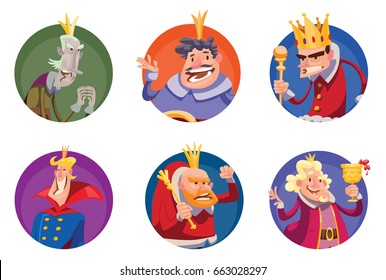 Vector set of six round frames with cartoon images of funny various kings in different clothes with different attributes of power in hands standing on a white background. Monarchy, kingdom. 