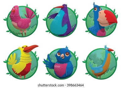 Vector set of six round green frames. Cartoon fantasy tropical birds of different colors in the center of the frames. Set of frames with bright colored tropical birds. Cartoon tropical birds. Vector.