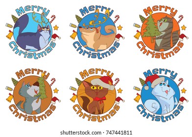 Vector set of six round "Merry Christmas" frames with cartoon images of cute various Christmas cats and dogs smiling with different actions on a white background. Christmas, New Year, holiday, animals