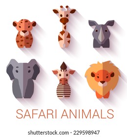 Vector set of six Safari animals on white background.